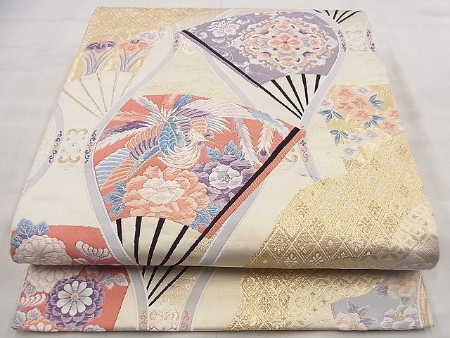 平和屋着物◎六通柄袋帯 唐織 立涌扇面花鳥文 金糸 逸品 BAAF1479qt