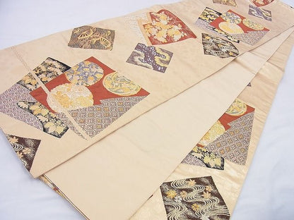 平和屋着物◎六通柄袋帯 唐織 色紙重ね花文 金糸 逸品 BAAF0074th