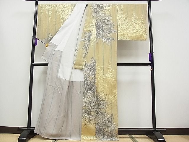 平和屋本店■極上　キモノデザイナー　斉藤上太郎　小紋　草花文　金彩　金通し地　逸品　CYAA0142s4