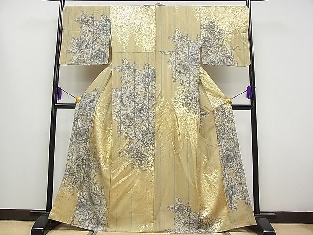 平和屋本店■極上　キモノデザイナー　斉藤上太郎　小紋　草花文　金彩　金通し地　逸品　CYAA0142s4
