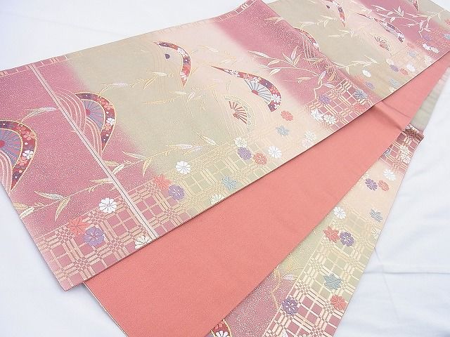 平和屋着物◎六通柄袋帯 唐織 片輪車花文 金糸 鈴乃屋扱い 逸品 BAAF0093th