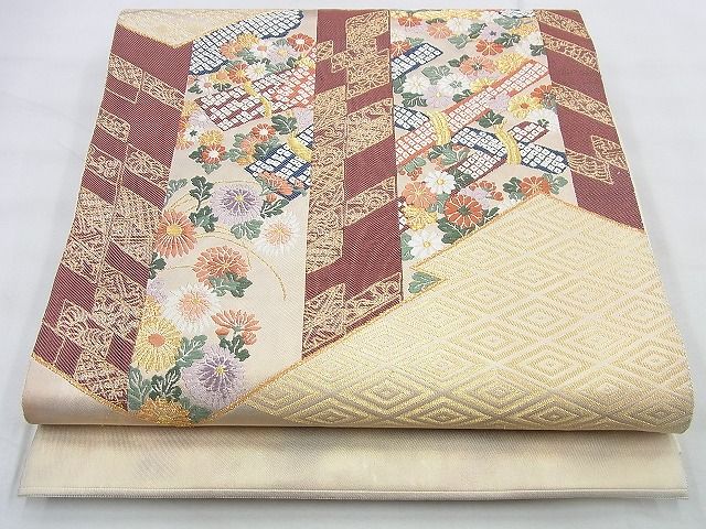平和屋着物◎太鼓柄袋帯 唐織 草花文 金糸 逸品 BAAF0176th
