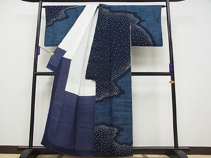 平和屋本店●極上 藍造り国選定無形文化財 佐藤阿波藍製造所 十九代目藍師・佐藤昭人 訪問着 生紬 証紙・反端付き CYAA0193s4