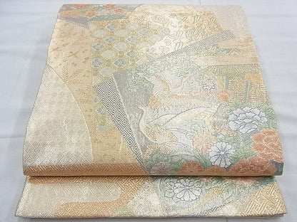 平和屋着物◎宝珠本佐賀錦 九百錦 六通柄袋帯 飛鶴風景花文 金糸 逸品 BAAE7795du
