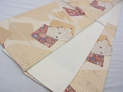 平和屋着物◎六通柄袋帯 唐織 色紙重ね草花文 金糸 逸品 BAAF2214du