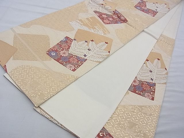 平和屋着物◎六通柄袋帯 唐織 色紙重ね草花文 金糸 逸品 BAAF2214du