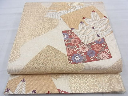 平和屋着物◎六通柄袋帯 唐織 色紙重ね草花文 金糸 逸品 BAAF2214du