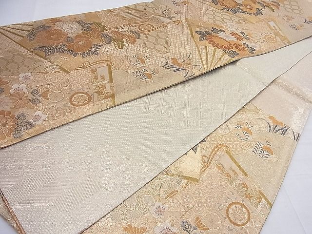 平和屋着物■佐賀錦　六通柄袋帯　扇面花文　金糸　逸品　BAAF2610ea