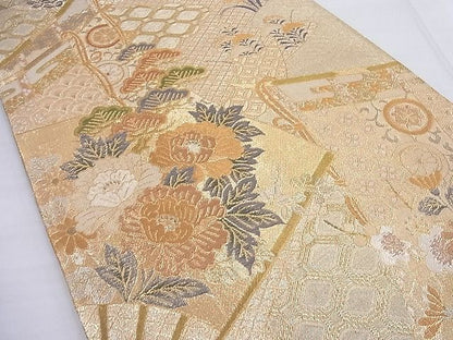 平和屋着物■佐賀錦　六通柄袋帯　扇面花文　金糸　逸品　BAAF2610ea
