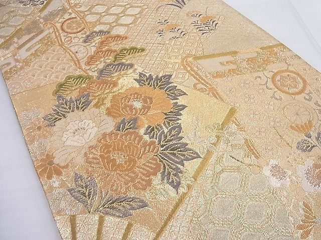 平和屋着物■佐賀錦　六通柄袋帯　扇面花文　金糸　逸品　BAAF2610ea