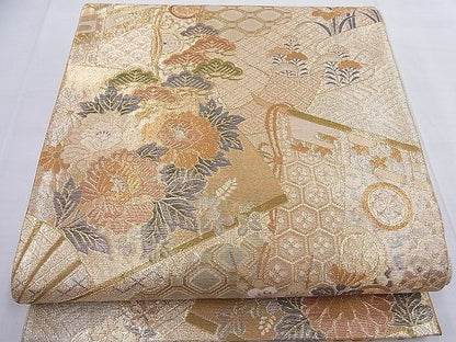 平和屋着物■佐賀錦　六通柄袋帯　扇面花文　金糸　逸品　BAAF2610ea