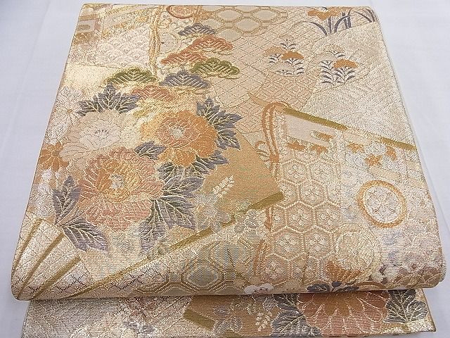 平和屋着物■佐賀錦　六通柄袋帯　扇面花文　金糸　逸品　BAAF2610ea