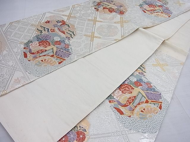 平和屋着物◎六通柄袋帯 唐織 雪輪御所車飛鶴花文 金糸 逸品 BAAF2658ea