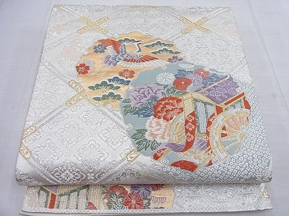 平和屋着物◎六通柄袋帯 唐織 雪輪御所車飛鶴花文 金糸 逸品 BAAF2658ea