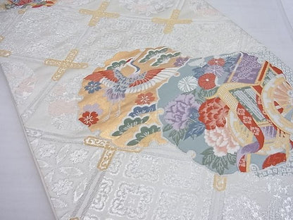 平和屋着物◎六通柄袋帯 唐織 雪輪御所車飛鶴花文 金糸 逸品 BAAF2658ea