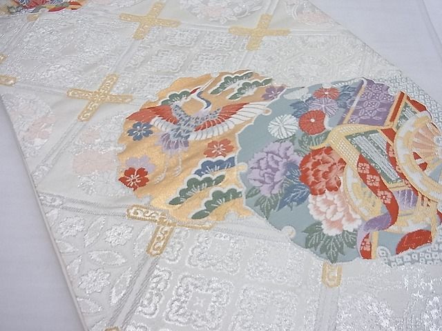 平和屋着物◎六通柄袋帯 唐織 雪輪御所車飛鶴花文 金糸 逸品 BAAF2658ea