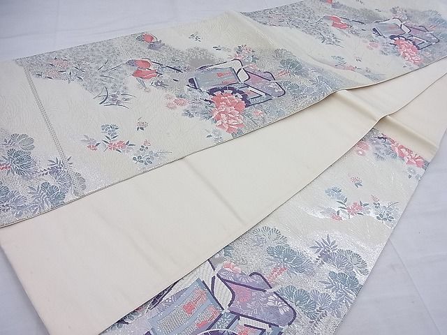 平和屋着物◎六通柄袋帯 唐織 鴛鴦御所車花文 銀糸 逸品 BAAF4407ea