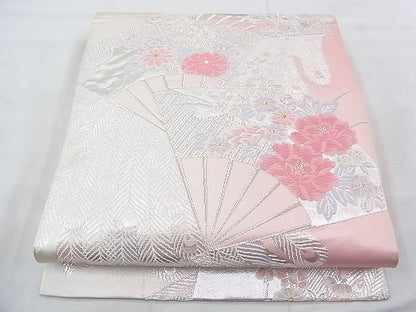 平和屋着物◎六通柄袋帯 扇面孔雀花文 金銀糸 逸品 BAAF0564jm