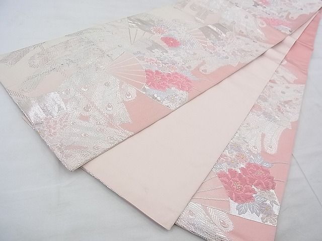 平和屋着物◎六通柄袋帯 扇面孔雀花文 金銀糸 逸品 BAAF0564jm