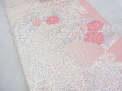 平和屋着物◎六通柄袋帯 扇面孔雀花文 金銀糸 逸品 BAAF0564jm