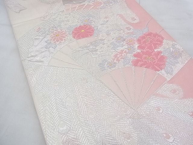 平和屋着物◎六通柄袋帯 扇面孔雀花文 金銀糸 逸品 BAAF0564jm