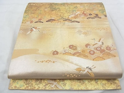 平和屋着物◎六通柄袋帯 唐織 みかけ錦 霞鶴菊草文 金糸 引箔 逸品 BAAF0586jm