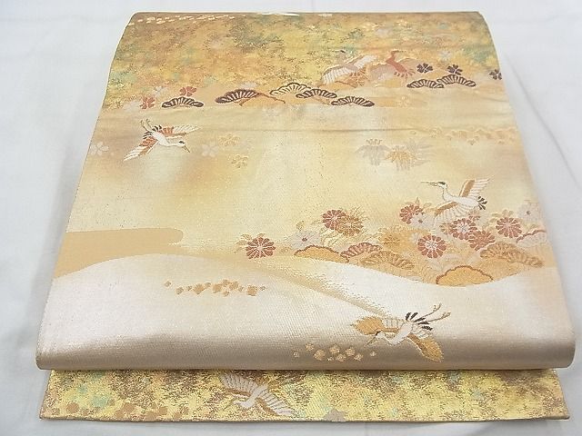 平和屋着物◎六通柄袋帯 唐織 みかけ錦 霞鶴菊草文 金糸 引箔 逸品 BAAF0586jm
