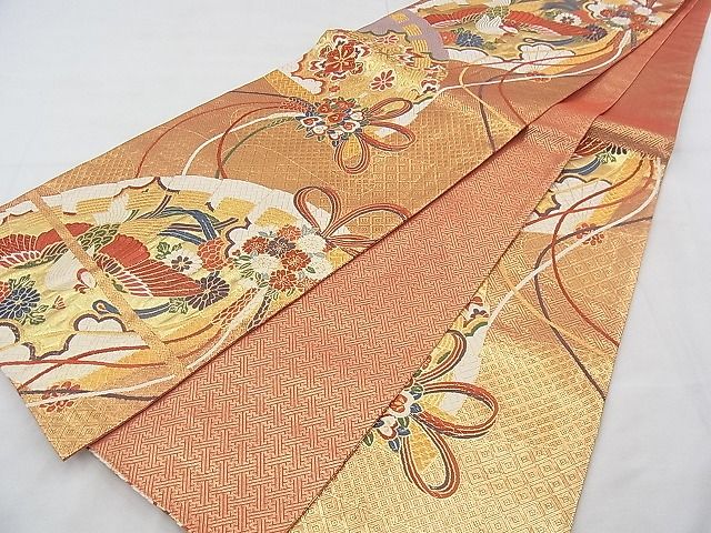 平和屋着物◎佐賀錦 六通柄袋帯 唐織 扇面鳳凰花文 金糸 逸品 BAAF0817jm