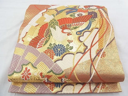 平和屋着物◎佐賀錦 六通柄袋帯 唐織 扇面鳳凰花文 金糸 逸品 BAAF0817jm