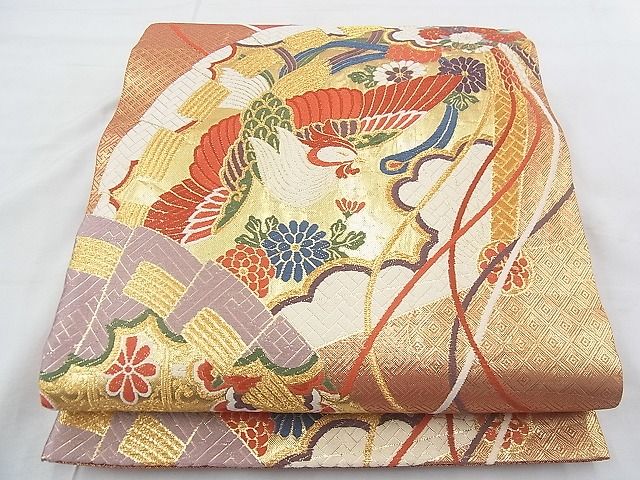 平和屋着物◎佐賀錦 六通柄袋帯 唐織 扇面鳳凰花文 金糸 逸品 BAAF0817jm