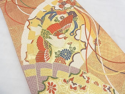 平和屋着物◎佐賀錦 六通柄袋帯 唐織 扇面鳳凰花文 金糸 逸品 BAAF0817jm