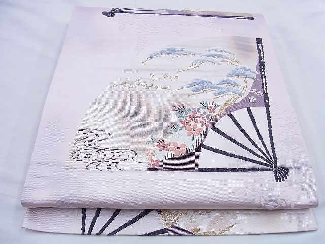 平和屋着物◎六通柄袋帯 唐織 扇面草花文 金糸 逸品 BAAF0824jm