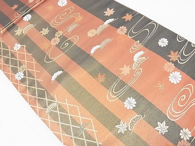 平和屋着物◎六通柄袋帯 唐織 流水草花文 金糸 逸品 BAAE9682ns