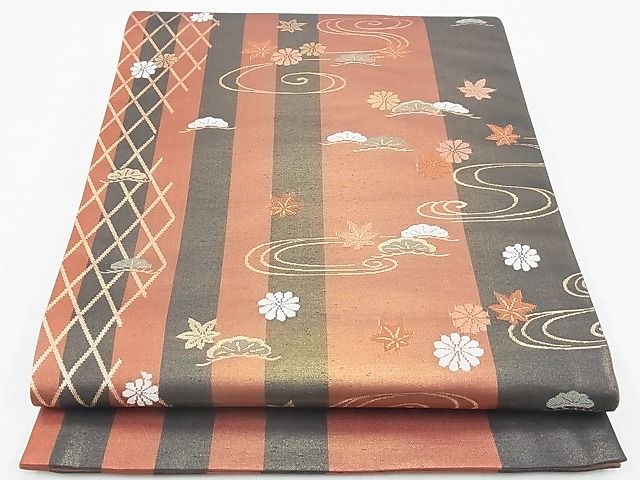 平和屋着物◎六通柄袋帯 唐織 流水草花文 金糸 逸品 BAAE9682ns