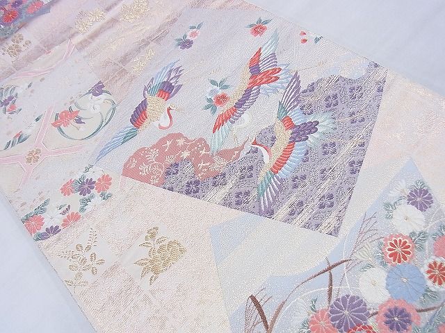 平和屋着物◎六通柄袋帯 唐織 色紙取群鶴文 金糸 逸品 BAAF7012ns