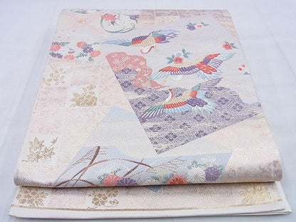 平和屋着物◎六通柄袋帯 唐織 色紙取群鶴文 金糸 逸品 BAAF7012ns