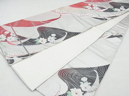 平和屋着物◎六通柄袋帯 唐織 孔雀花文 銀糸 逸品 BAAF7136ns