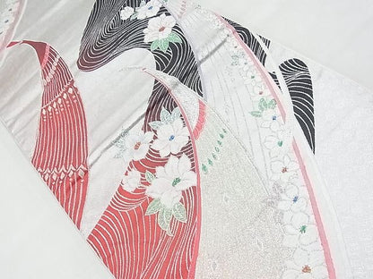 平和屋着物◎六通柄袋帯 唐織 孔雀花文 銀糸 逸品 BAAF7136ns