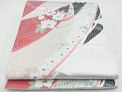 平和屋着物◎六通柄袋帯 唐織 孔雀花文 銀糸 逸品 BAAF7136ns