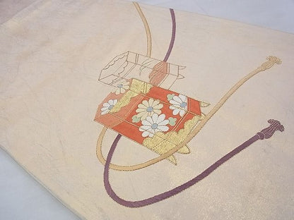 平和屋着物◎太鼓柄袋帯 駒刺繍 貝桶花文 金糸 逸品 BAAE9106ph