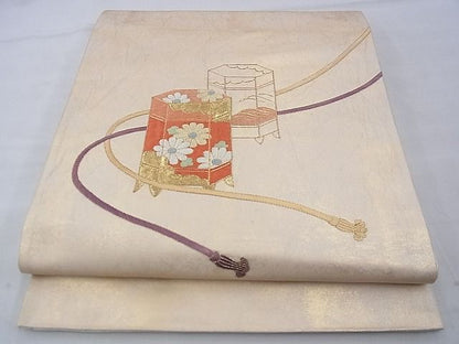 平和屋着物◎太鼓柄袋帯 駒刺繍 貝桶花文 金糸 逸品 BAAE9106ph