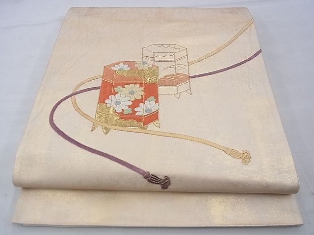 平和屋着物◎太鼓柄袋帯 駒刺繍 貝桶花文 金糸 逸品 BAAE9106ph