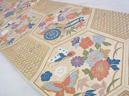 平和屋着物◎六通柄袋帯 唐織 花鳥亀甲文 金糸 逸品 BAAE9109ph