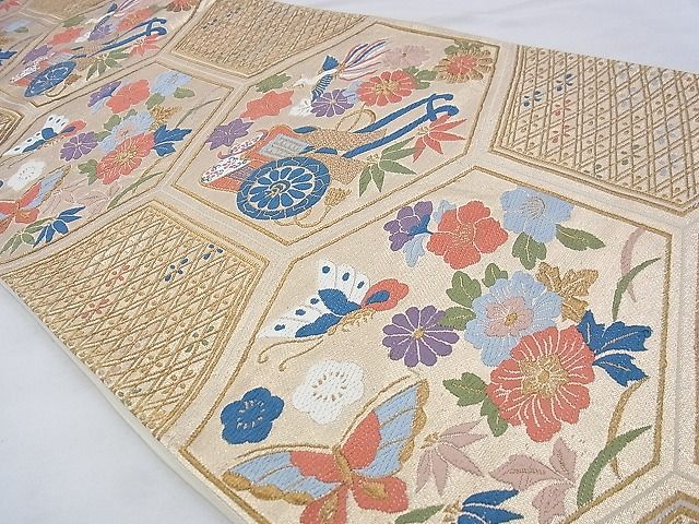 平和屋着物◎六通柄袋帯 唐織 花鳥亀甲文 金糸 逸品 BAAE9109ph