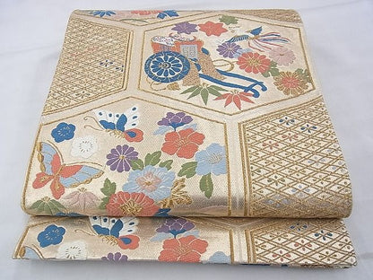 平和屋着物◎六通柄袋帯 唐織 花鳥亀甲文 金糸 逸品 BAAE9109ph