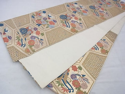平和屋着物◎六通柄袋帯 唐織 花鳥亀甲文 金糸 逸品 BAAE9109ph