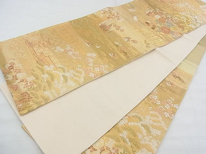 平和屋着物◎六通柄袋帯 唐織 風景草花文 金糸 逸品 BAAE9193ph