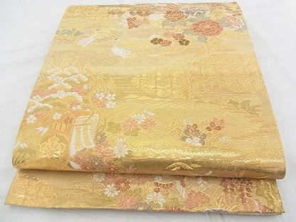 平和屋着物◎六通柄袋帯 唐織 風景草花文 金糸 逸品 BAAE9193ph