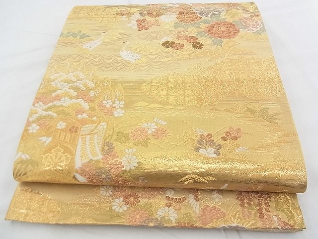 平和屋着物◎六通柄袋帯 唐織 風景草花文 金糸 逸品 BAAE9193ph