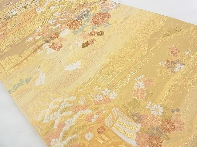 平和屋着物◎六通柄袋帯 唐織 風景草花文 金糸 逸品 BAAE9193ph